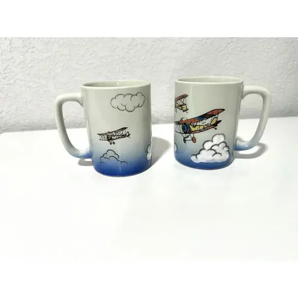 Vintage Otagiri Coffee Mugs Ceramic Biplane Design Clouds Collectible Set of 2 - Picture 9 of 9
